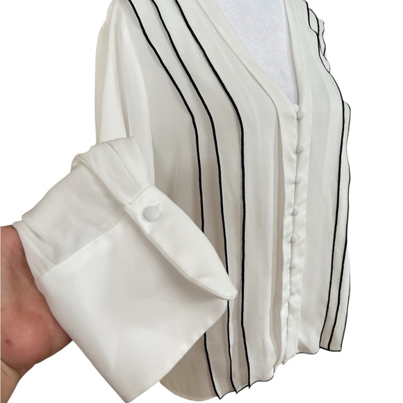 Zara Basic White Semi-Sheer Blouse Sz L Black Detail Ruffles Long Sleeves V Neck - Picture 6 of 12